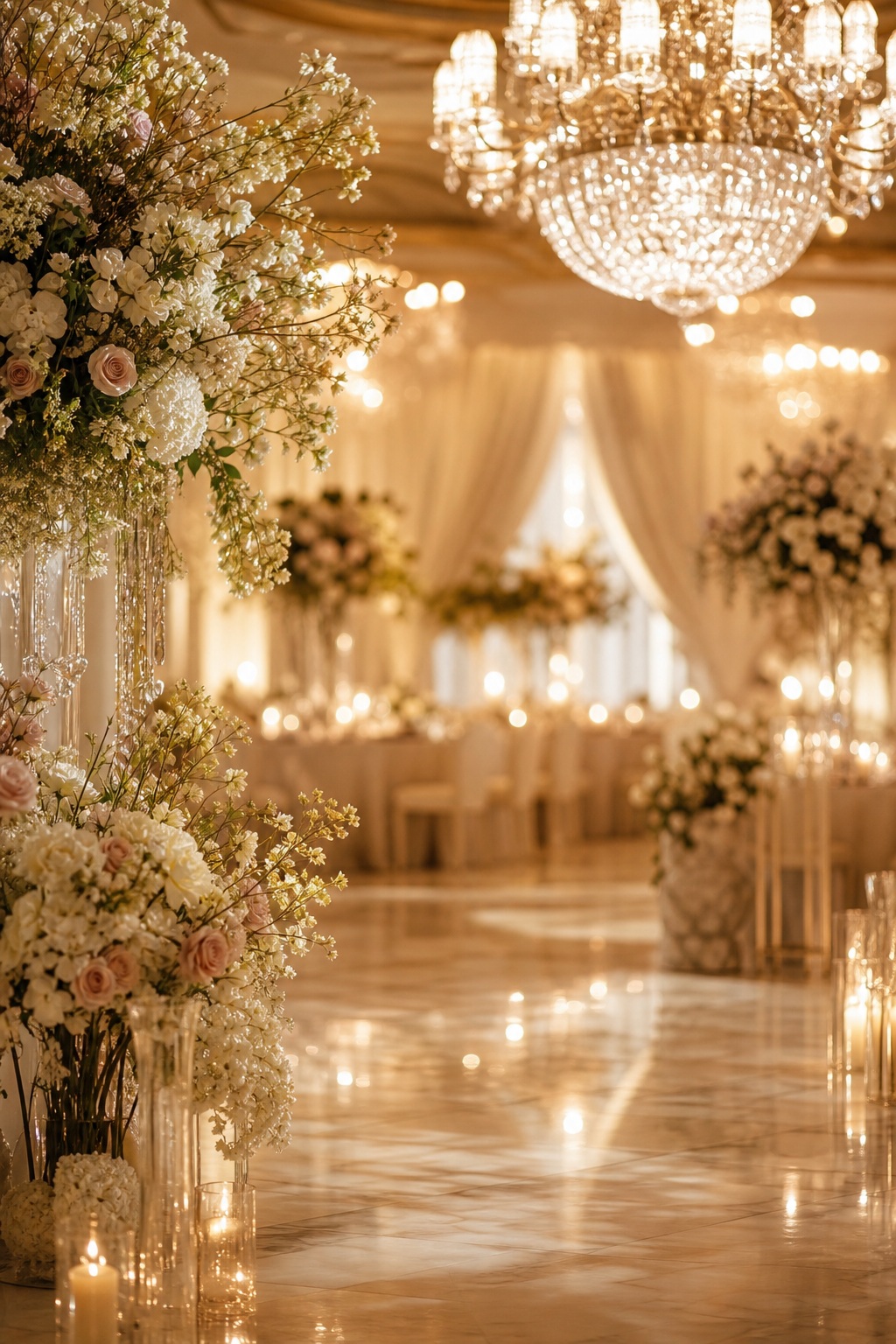 Elegant wedding ballroom with chandeliers, floral arrangements, and soft glowing lights