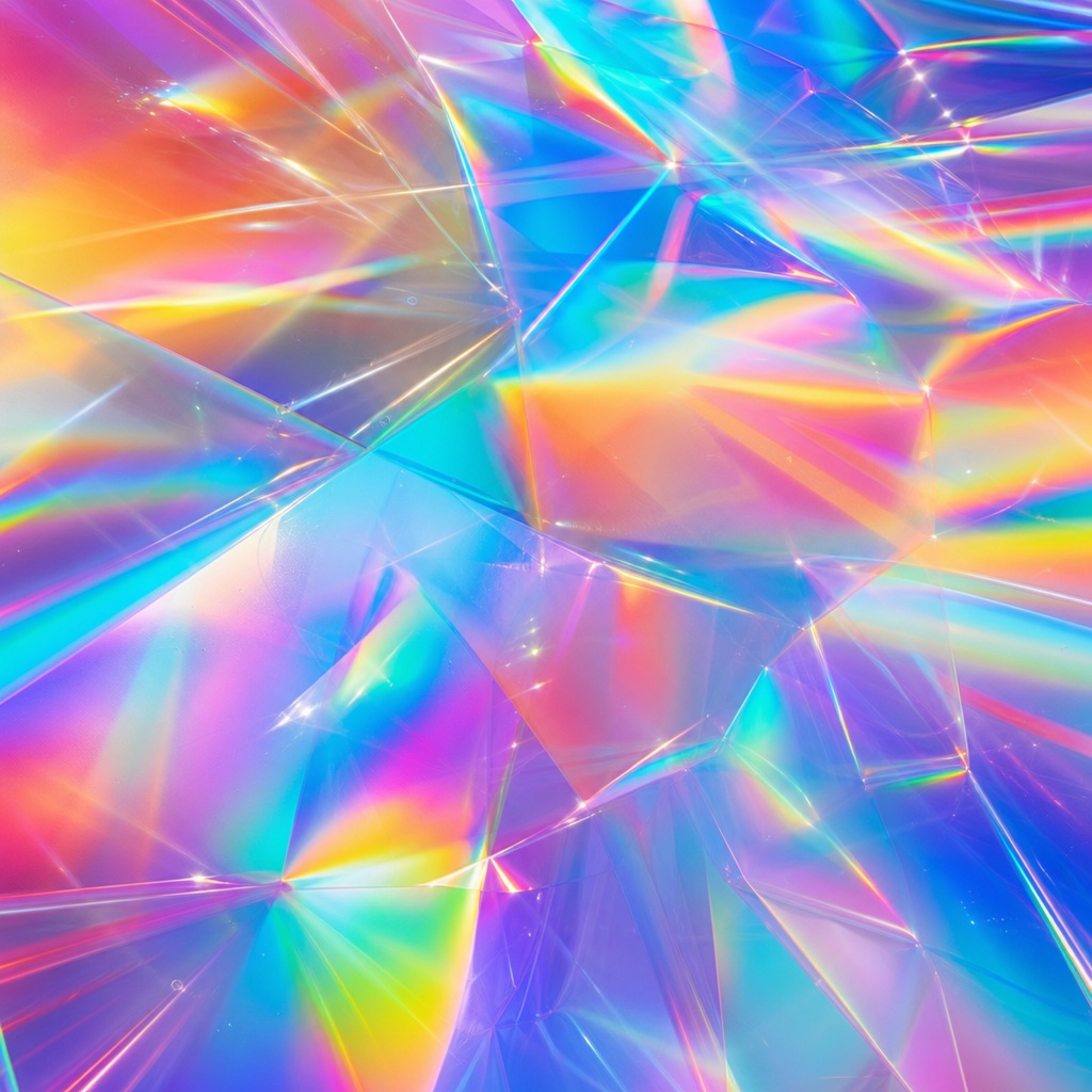 Bright iridescent abstract surface with rainbow reflections and faceted transparent shapes