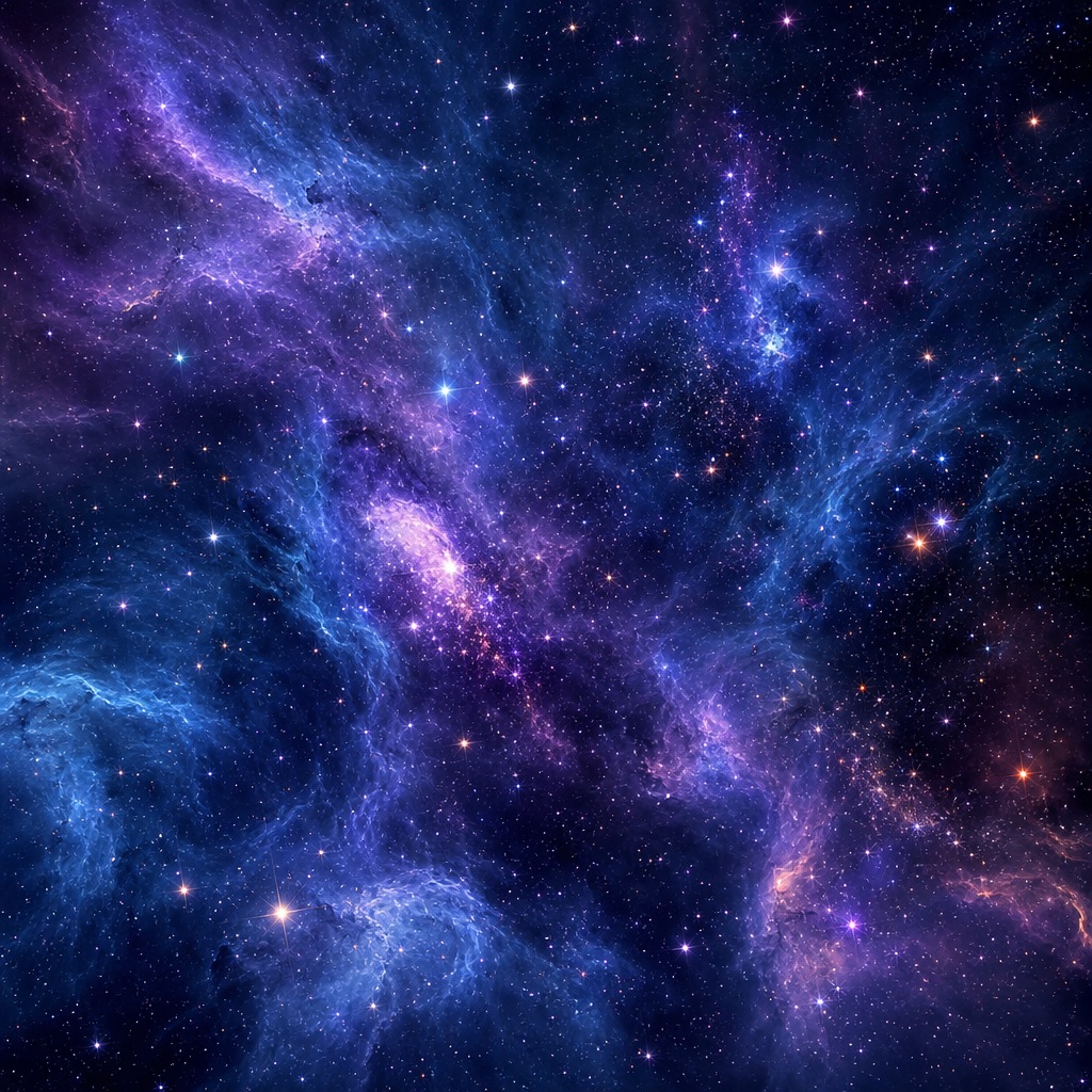 Square cosmic nebula with blue, purple, and pink starry clouds
