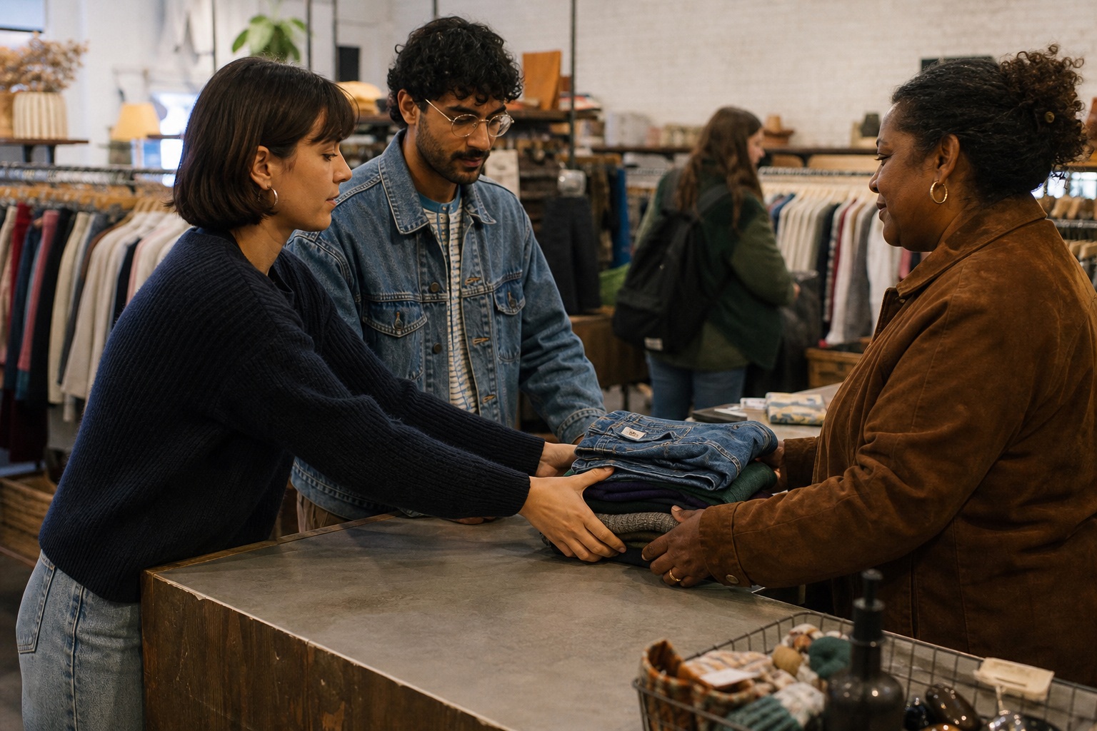 Candid shoppers talking at a thrift store counter beside racks of clothing and store items.