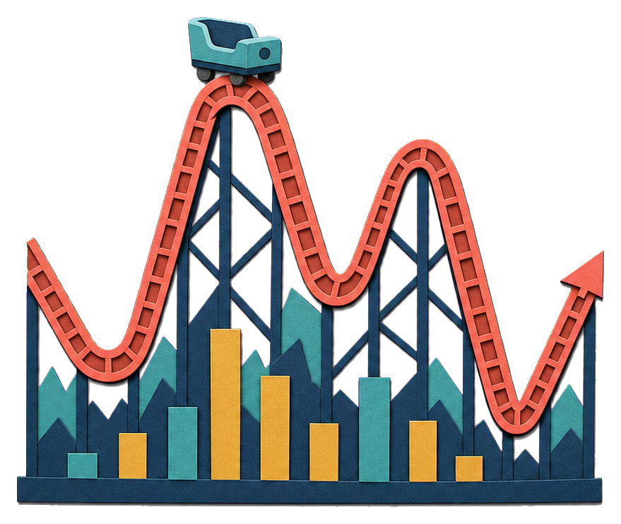 A rollercoaster shaped stock chart with colorful bars and an upward and downward line