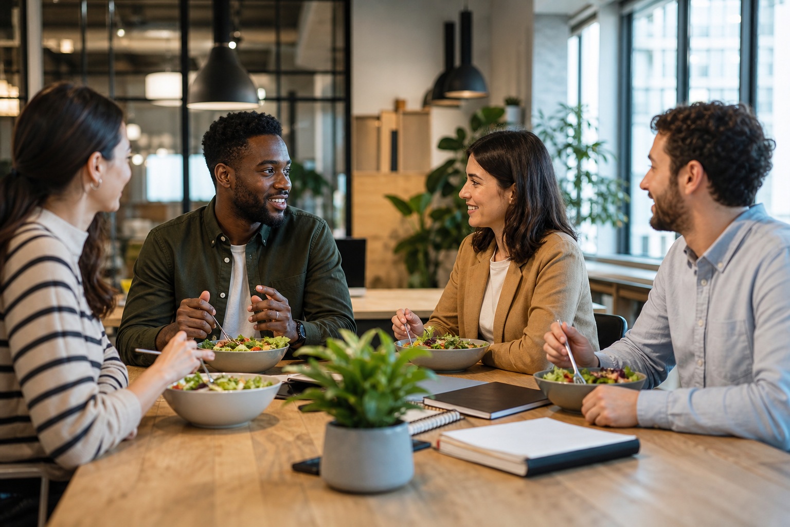 Four colleagues talking around a wooden table in a bright modern office