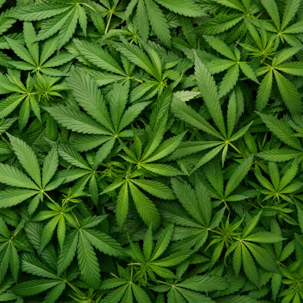 Dense green cannabis leaves arranged in a repeating pattern background