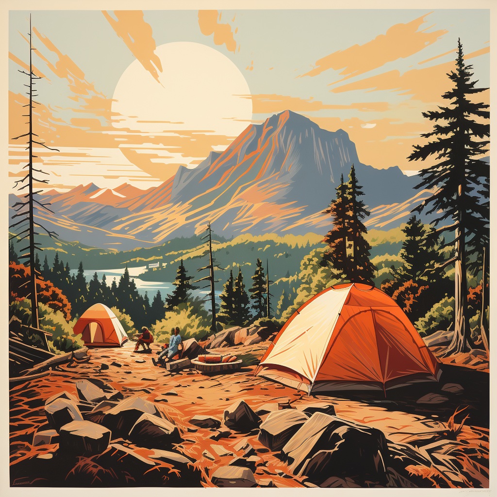 Illustrated campsite with orange tents, pine trees, rocky ground, and mountain sunset.