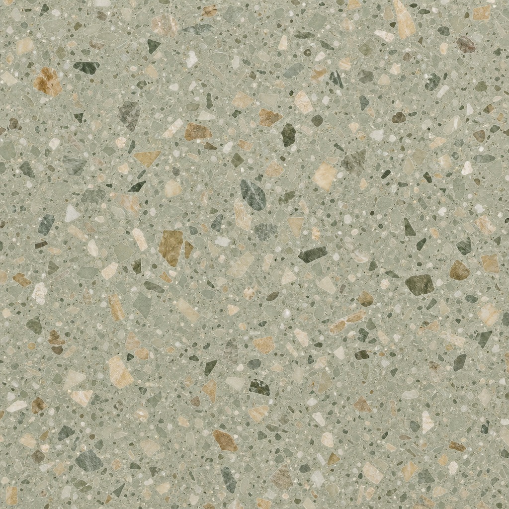 Neutral terrazzo surface with small speckled stone fragments in beige, gray, and muted brown.