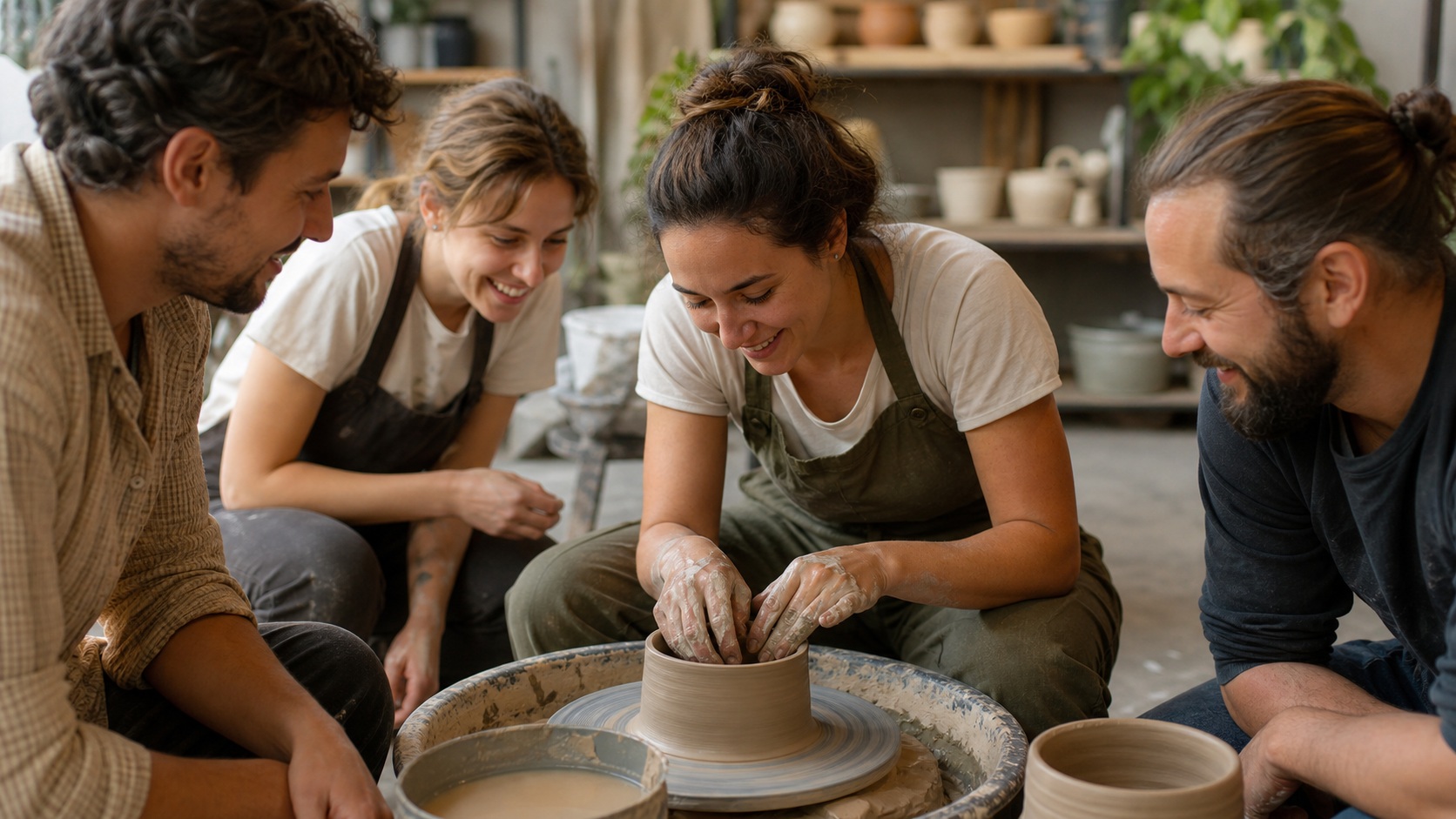 Four people shaping clay on a pottery wheel in a warm workshop setting.