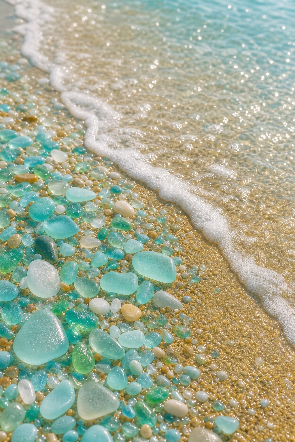 Sea glass scattered along a sandy shoreline beside gentle ocean waves