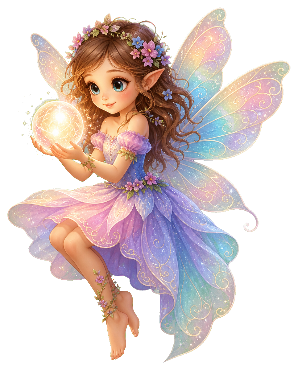 A winged fairy in a purple dress holding a glowing orb.