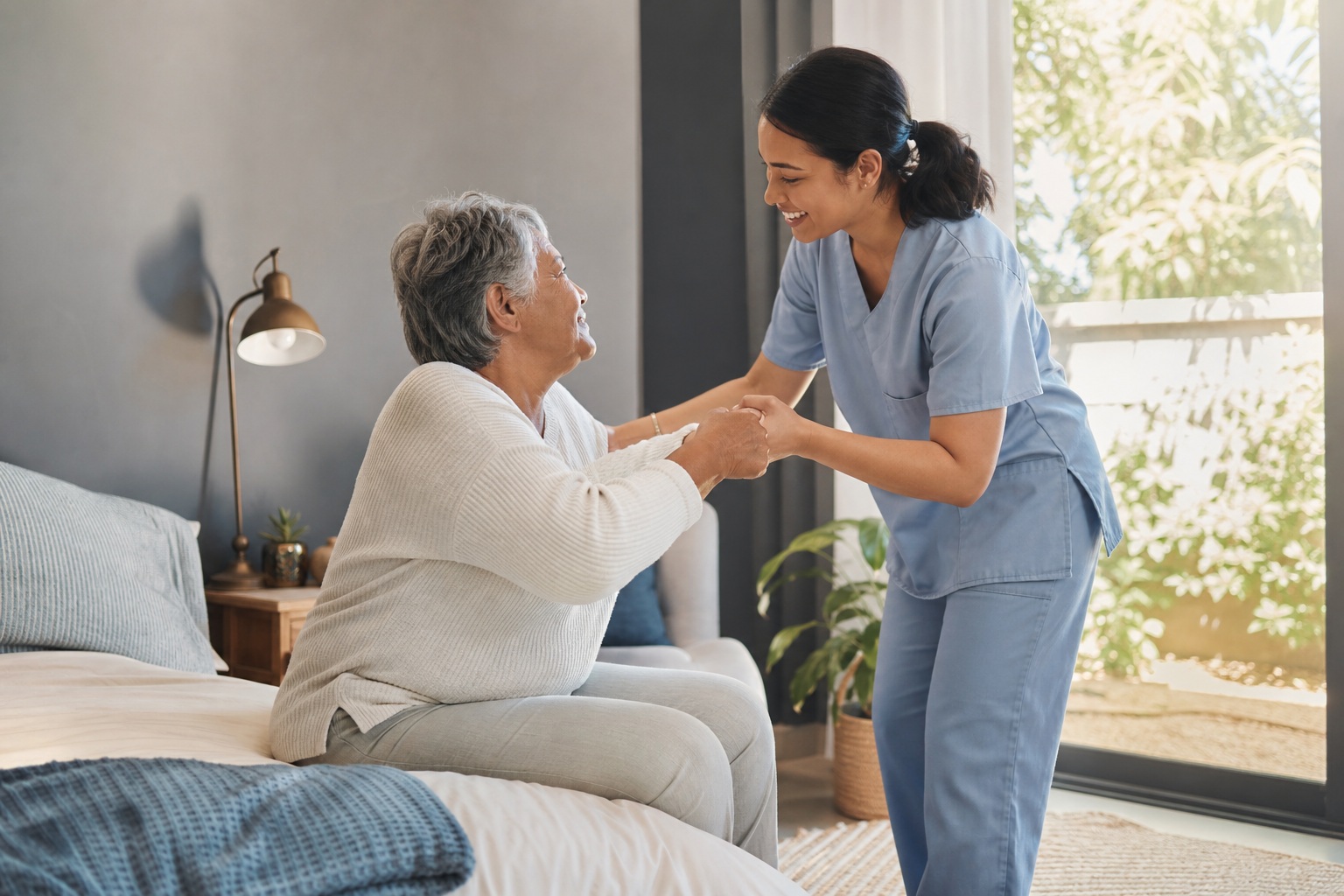 Caregiver helping an elderly woman stand beside a bed in a bright room.