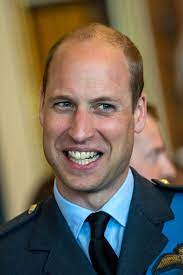 Prince William smiling in military attire with a blurred indoor background.