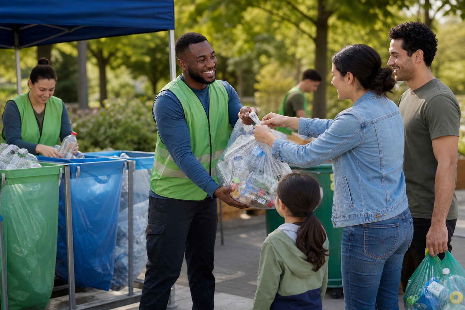 Volunteers sorting recyclables at an outdoor community drop-off station.