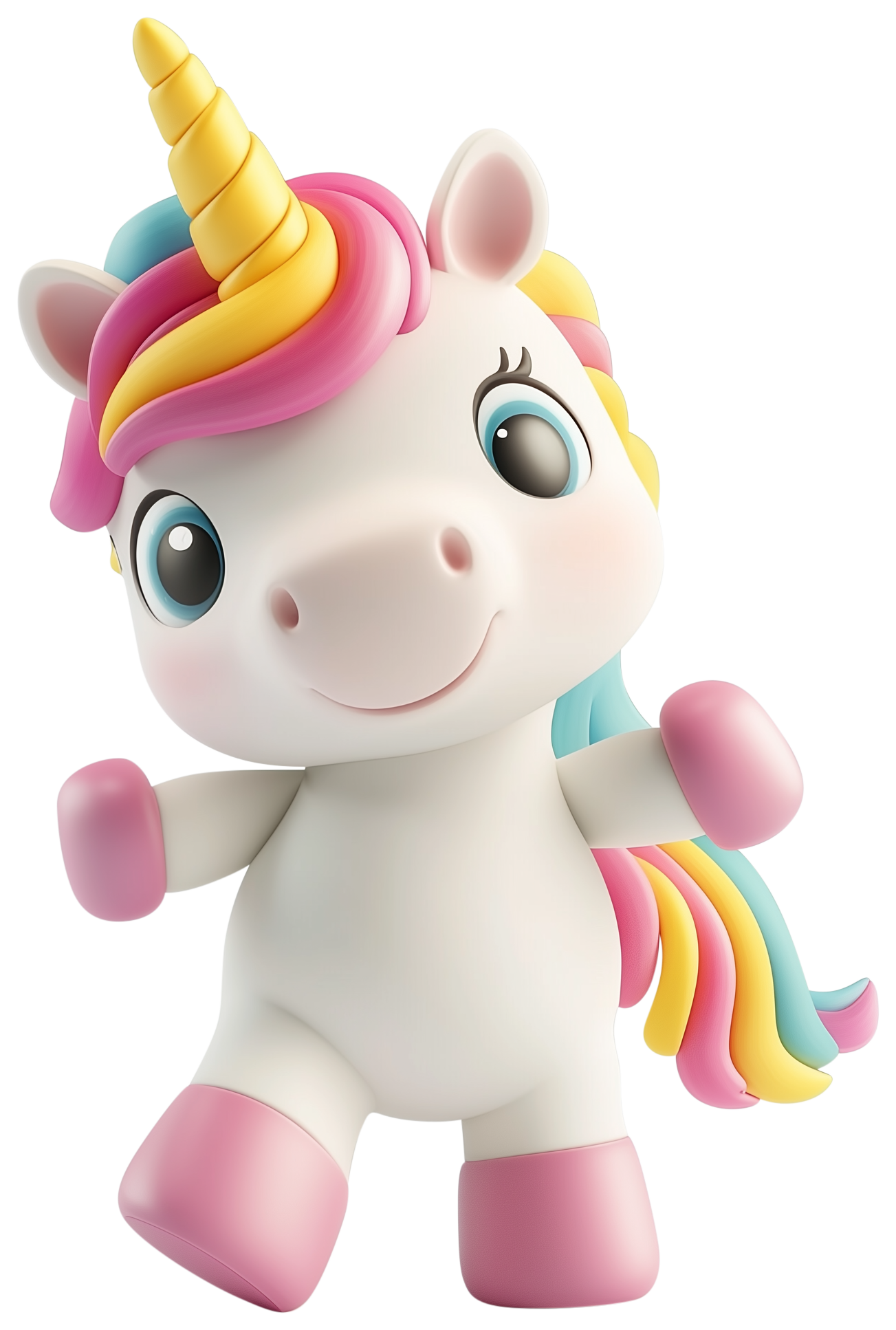 Cute cartoon unicorn sticker with a rainbow mane, pink hooves, and smiling face