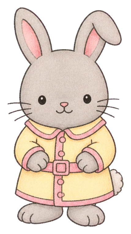Cute gray rabbit wearing a yellow raincoat with pink trim and a belt.