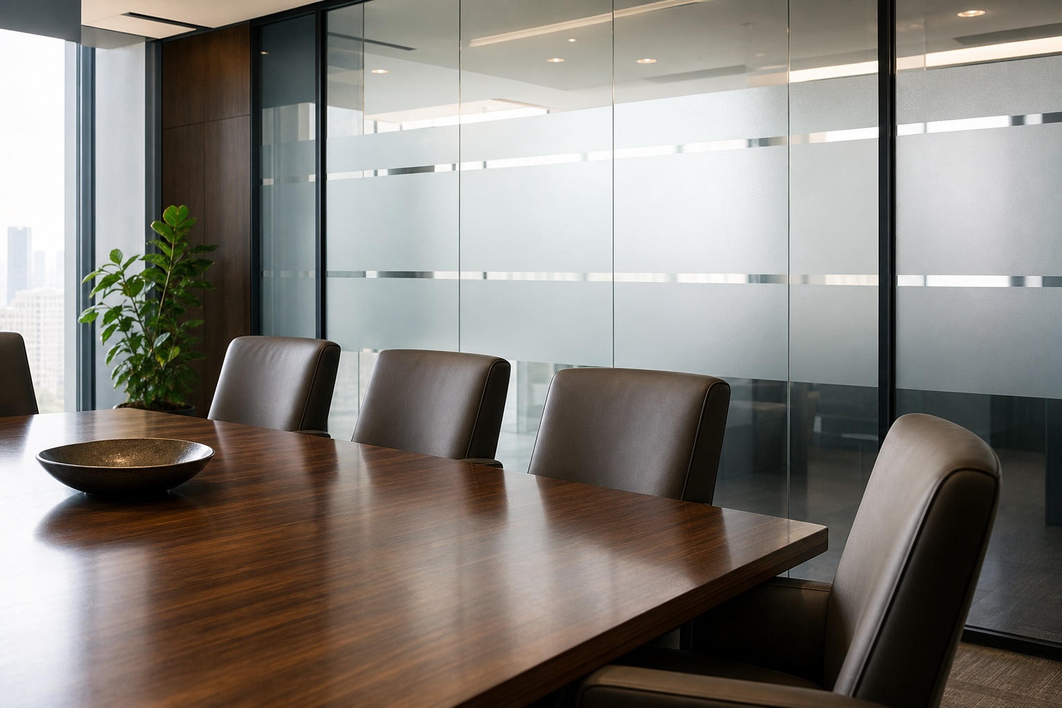 Modern conference room with wooden table, leather chairs, and frosted glass walls