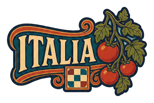 Retro Italia word art with a tomato and decorative tile emblem
