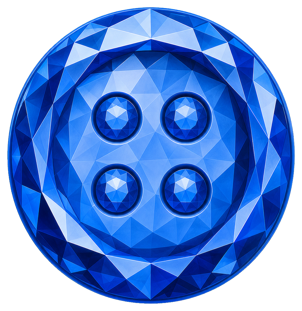 Circular blue faceted jewel button with four small center dots.