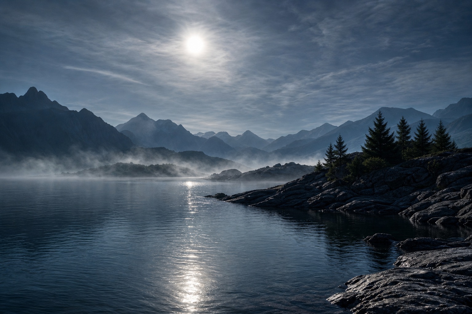 Moonlight reflects across a misty alpine lake with mountains and trees at night.