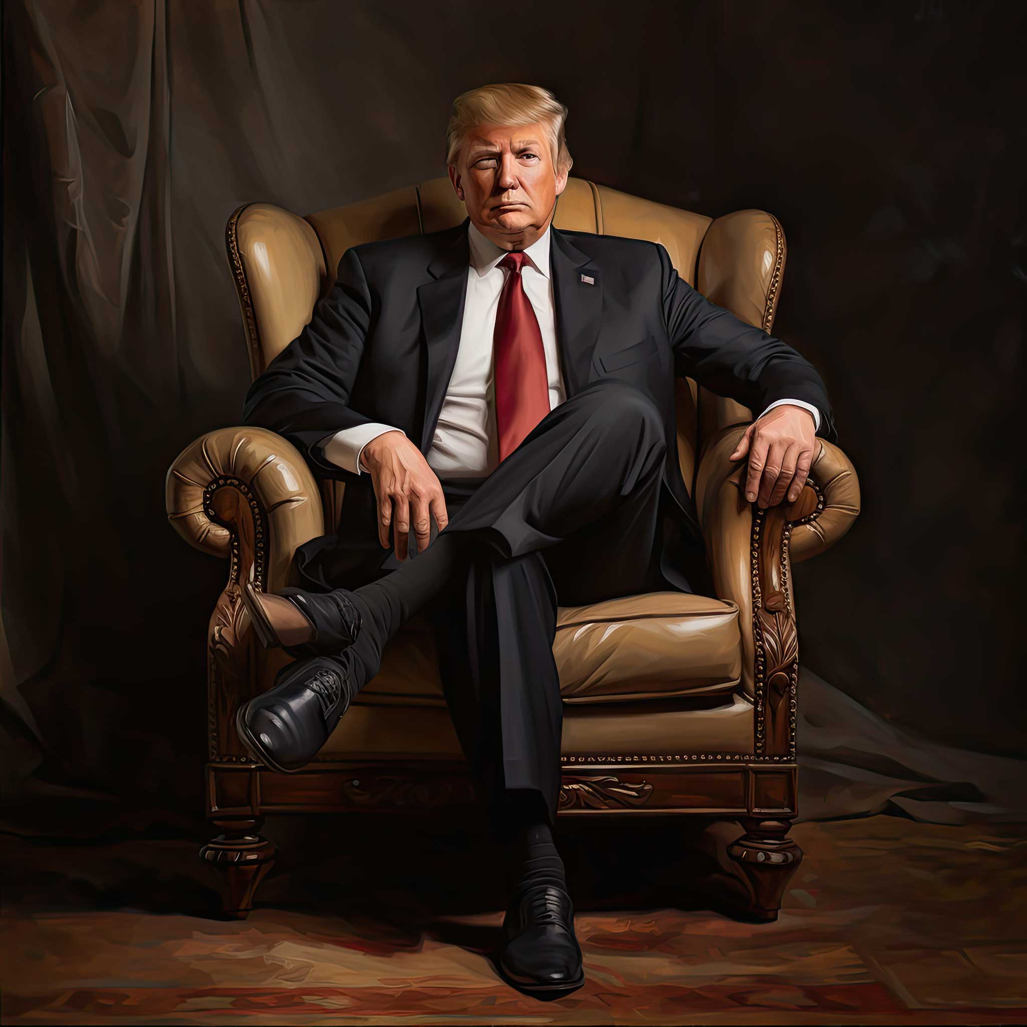 Donald Trump seated in a leather armchair against a dark studio background.