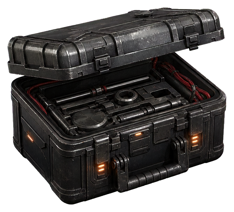 Futuristic black repair kit case with glowing red details and rugged panels