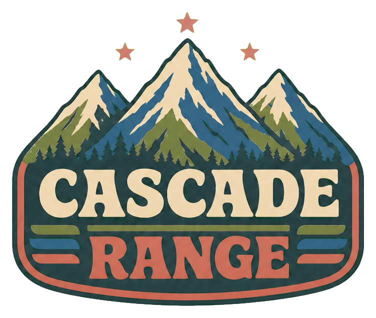 Retro sticker of mountains with the words Cascade Range and small stars above.