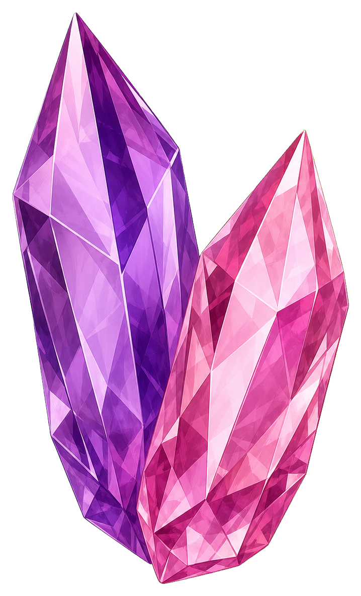 Two faceted crystal shards, one purple and one pink, angled together.