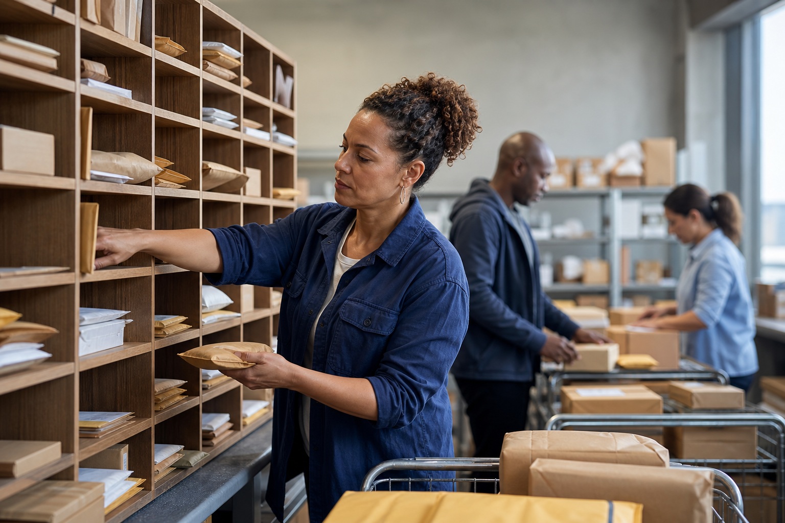 Two warehouse workers sorting envelopes and parcels beside mailroom shelves.
