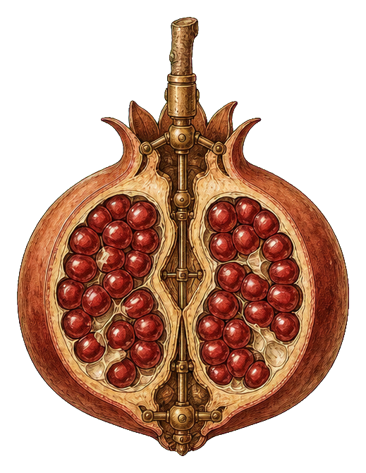 An anatomical pomegranate illustration with split open seed sections and a vintage painted style.