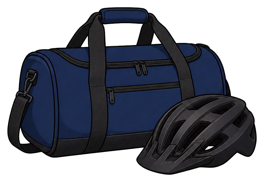 Navy duffel bag with a black helmet sticker graphic