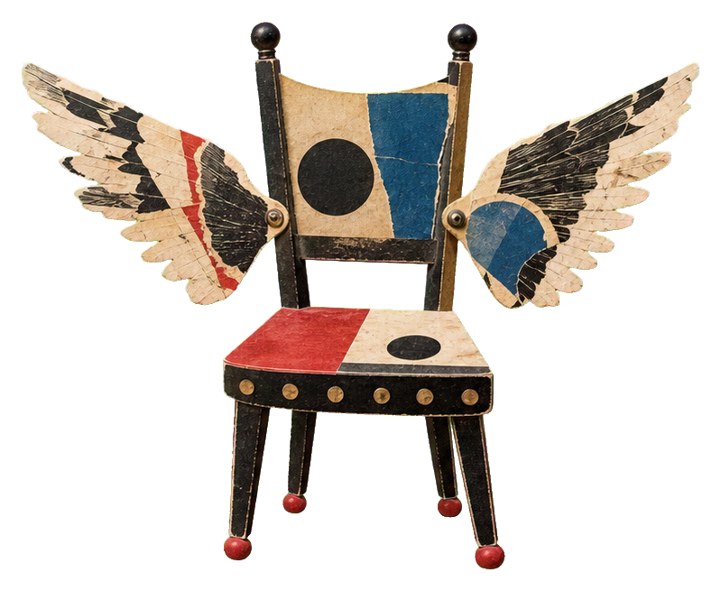 Vintage chair with large paper wings and collage details