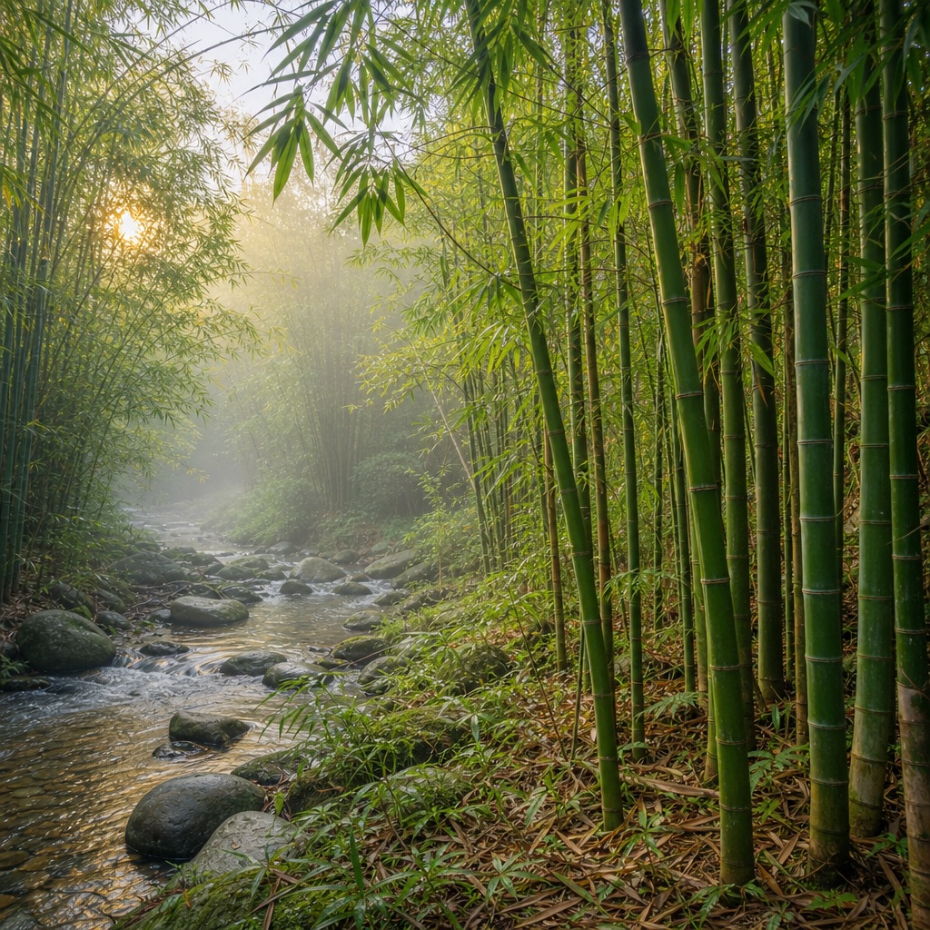 Tall bamboo stalks beside a rocky stream in a misty forest at dawn