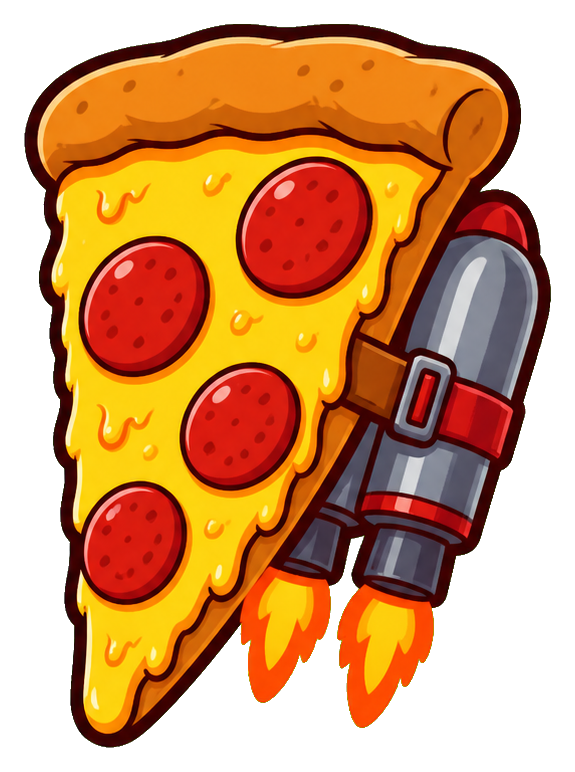 Cartoon pizza slice with pepperoni and a jetpack blasting flames.