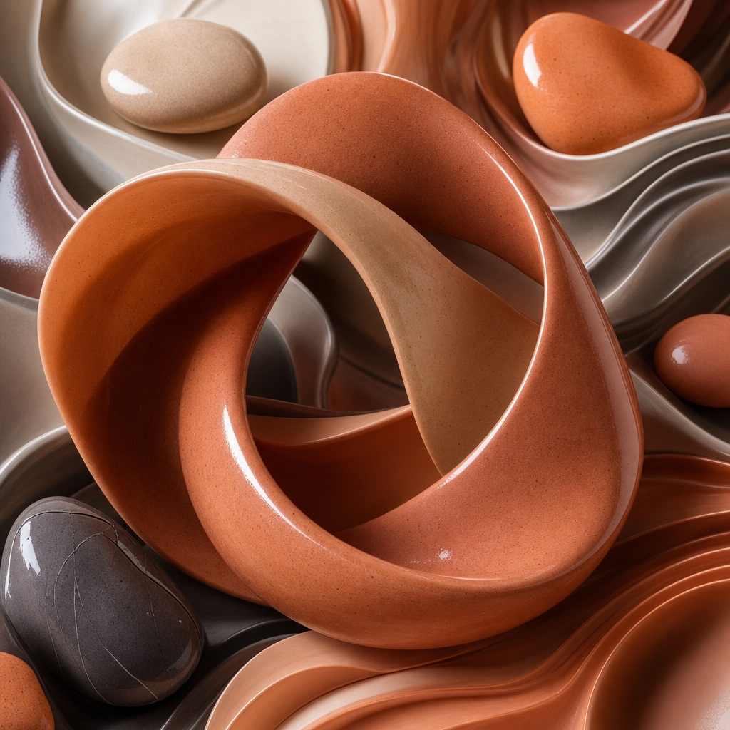 Glossy orange 3D ribbon loop with rounded abstract forms and spheres