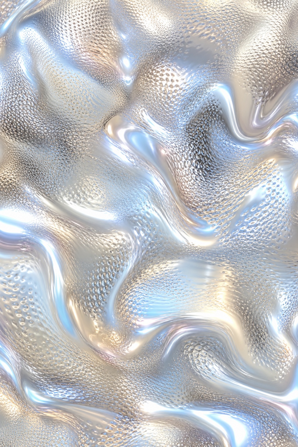 Shimmering pearl chrome surface with flowing liquid metal ripples and fine dimpled texture.