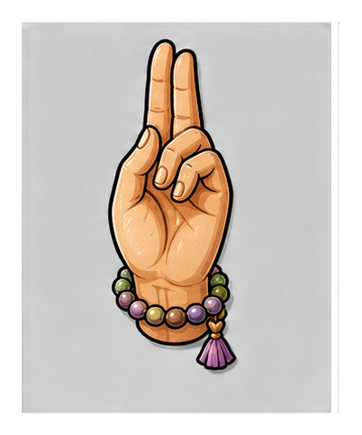 Illustrated hand making a peace sign with a beaded bracelet on a black background.