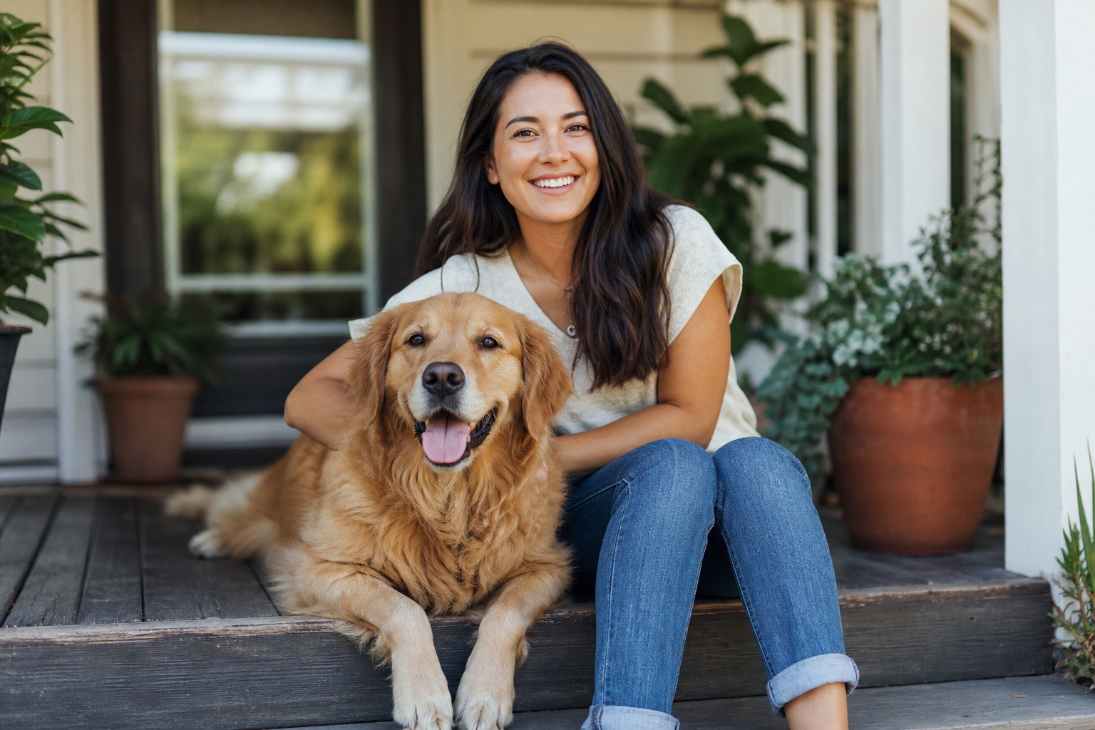 Smiling woman sitting on porch steps with a golden retriever beside her