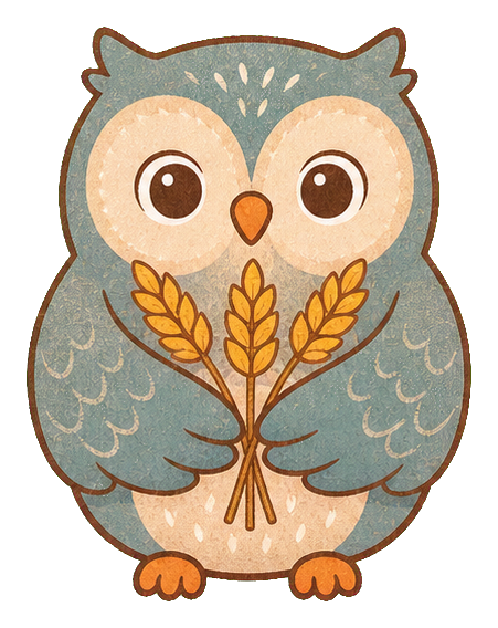 Dusty blue owl with cream face and wheat stalks on its chest