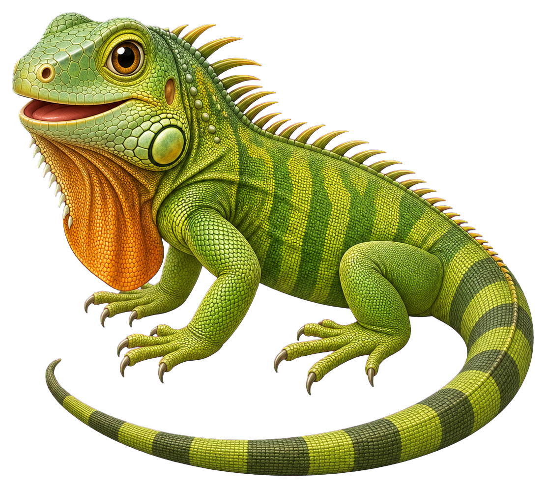 Green iguana with striped tail and orange underside, facing left.