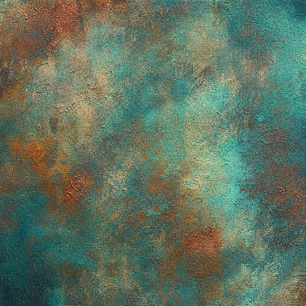 Abstract teal and rust painted canvas texture with fine stippled pigment.