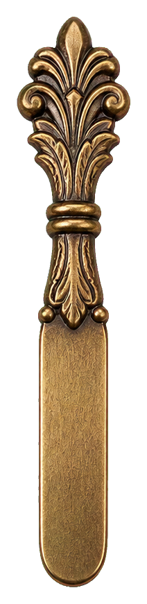 Bronze ornamental letter opener with a pointed leaf-shaped handle and engraved details