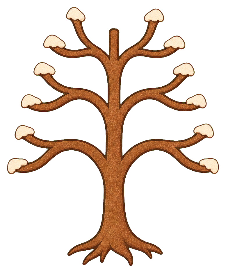 Brown bare winter tree with rounded branch tips and small snow caps