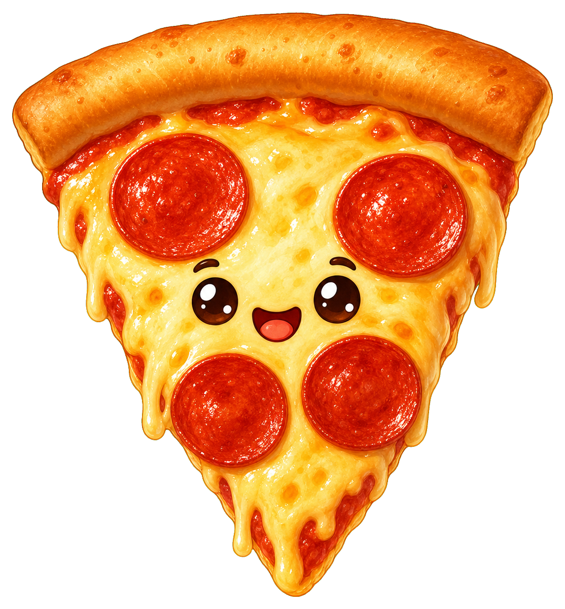 Cute cartoon pizza slice with pepperoni, smiling face, and a golden crust