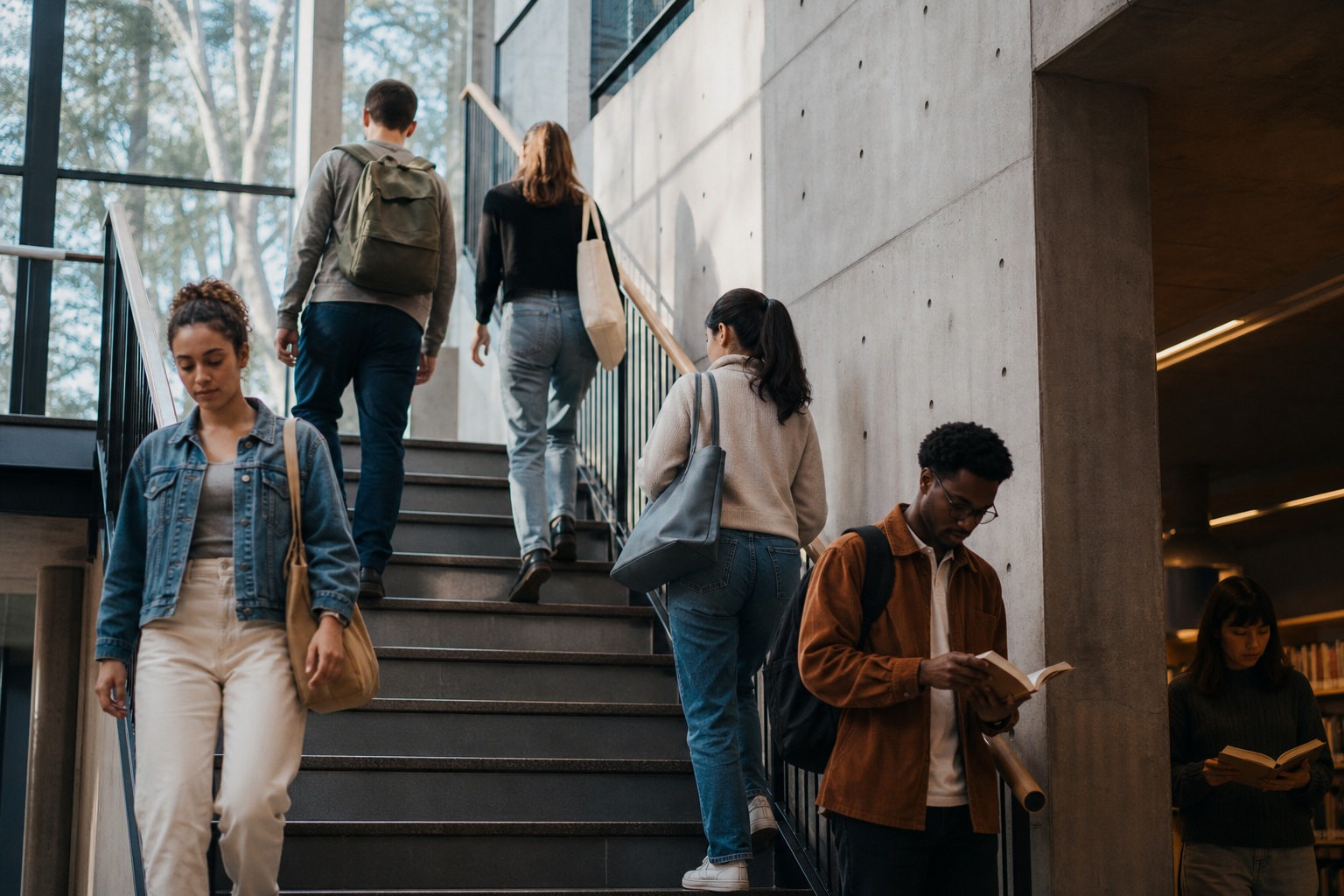 People walking and standing on a library stairwell in a quiet public space