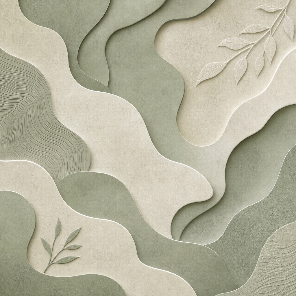 Layered sage and beige abstract paper shapes with soft shadows and small leaf accents