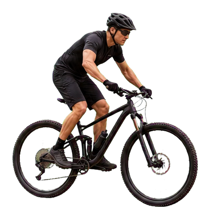 Realistic mountain biker riding a trail on a black bike