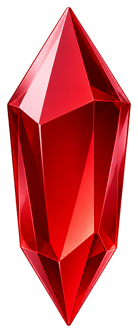 A faceted red crystal with sharp pointed top and bottom.
