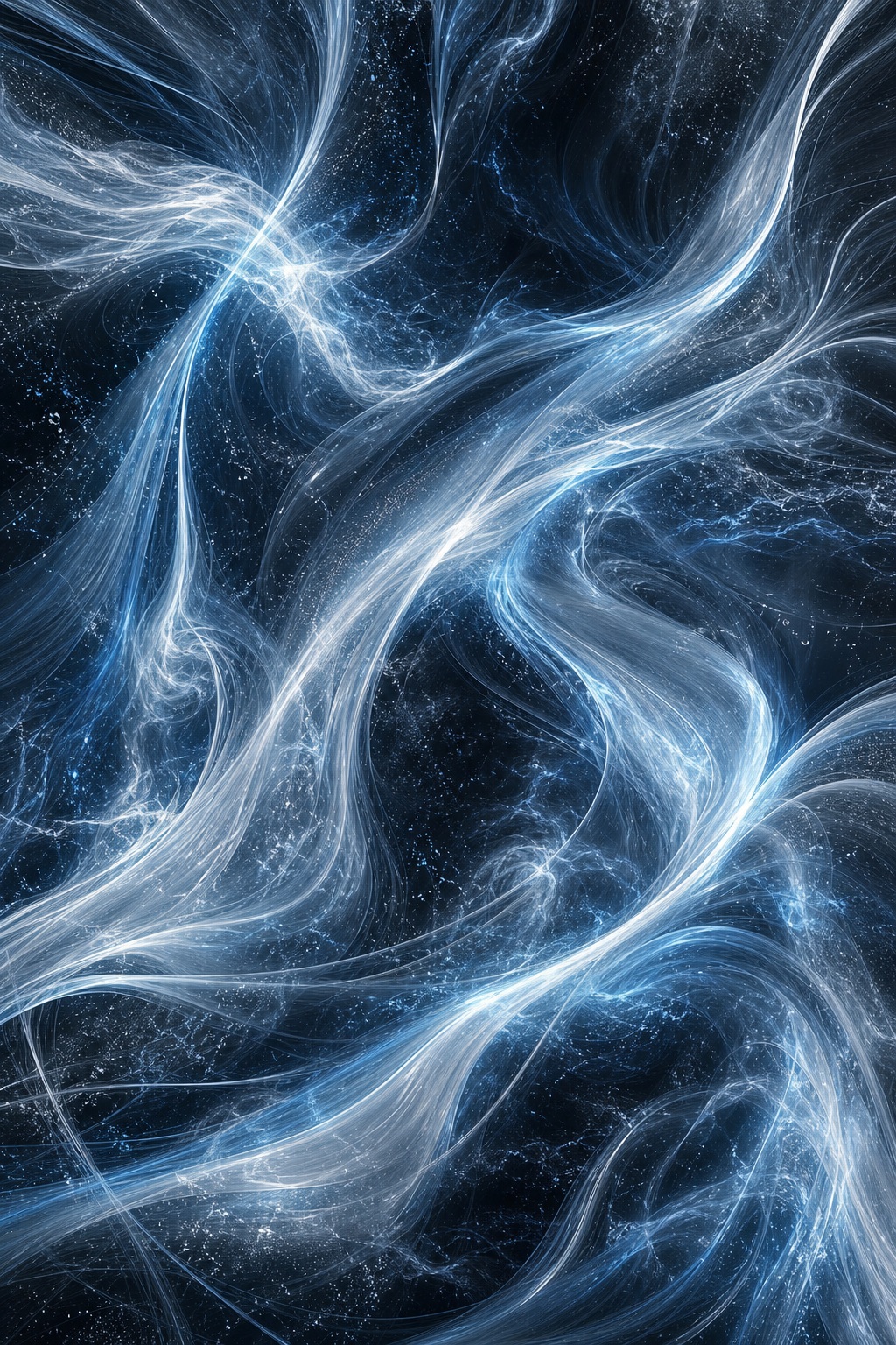 Abstract monochrome blue-white light trails swirling upward on a dark background
