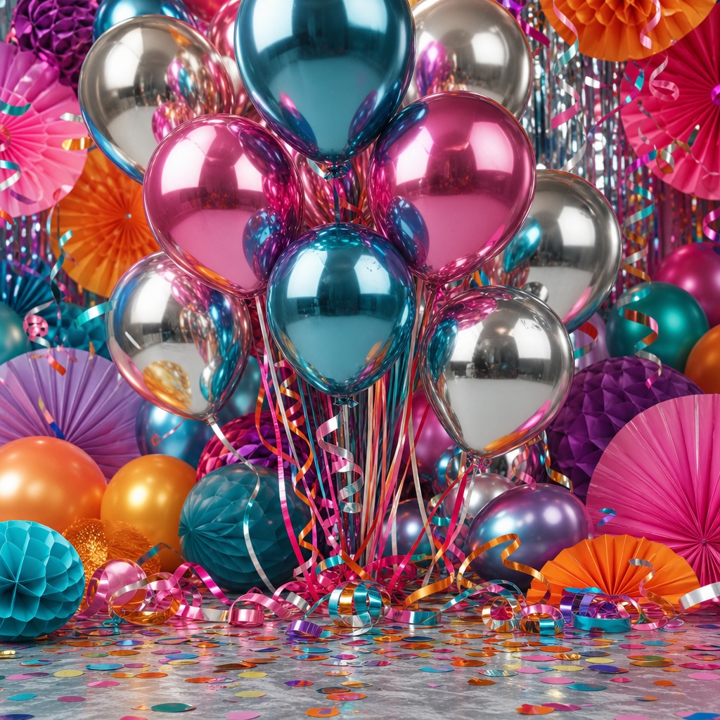 Colorful chrome balloons and retro confetti scattered across a festive birthday party background.