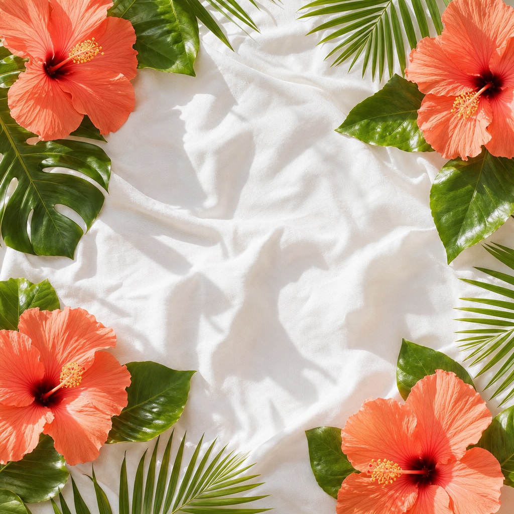 White linen background framed by orange hibiscus flowers and green palm leaves