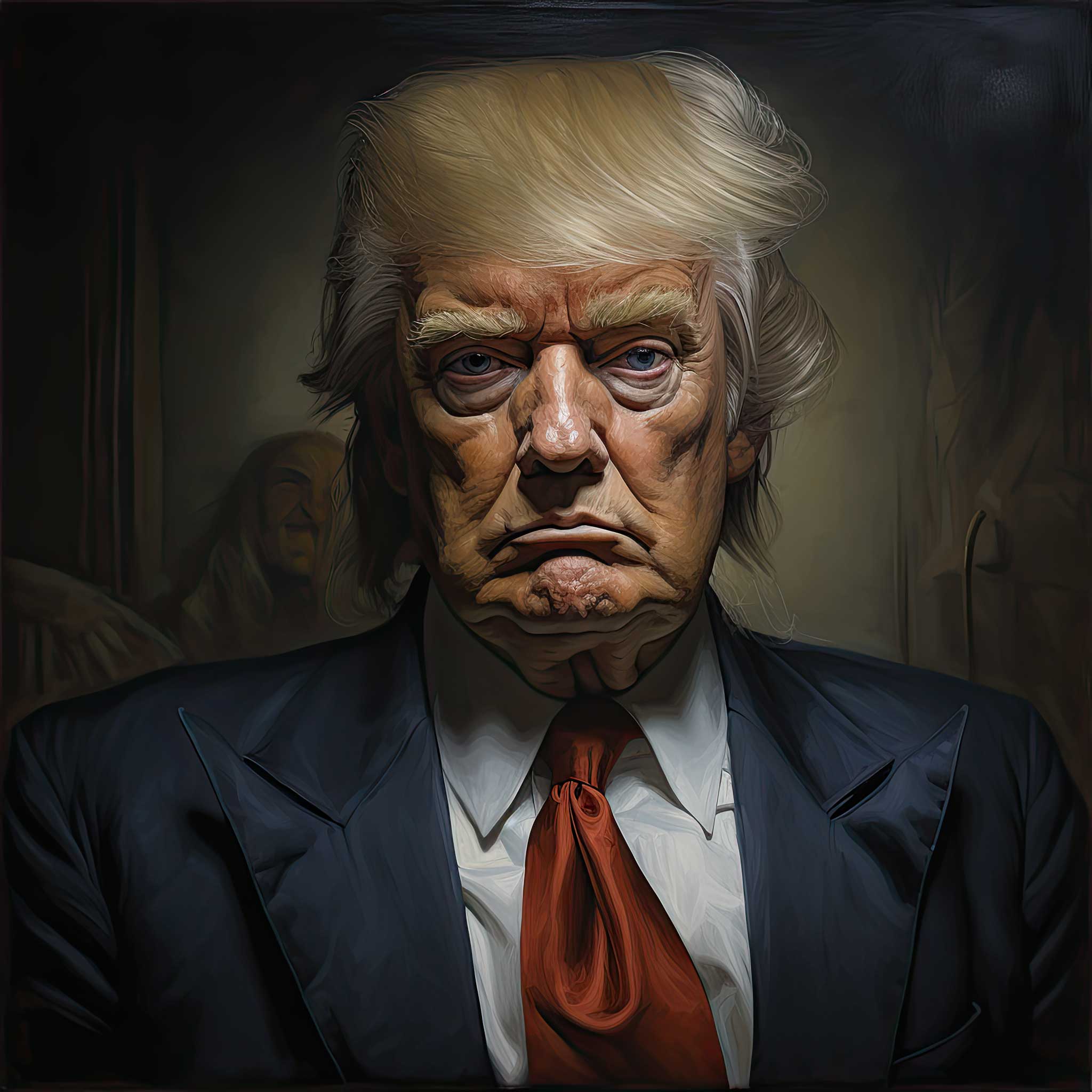 A digital painting of Donald Trump with a stern expression, wearing a blue suit and red tie.