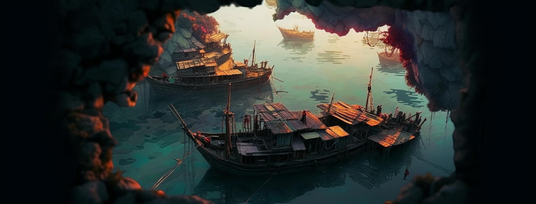Preview for Mysterious-boats-dark-harbor-ai-facebook-background-b5424